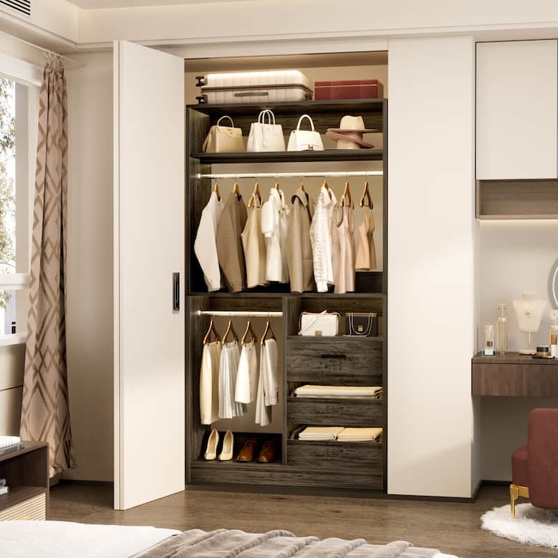 36'' W Freestanding Walk-in Closet Organizer System with 2 Hanging Rods and 3 Wood Drawers