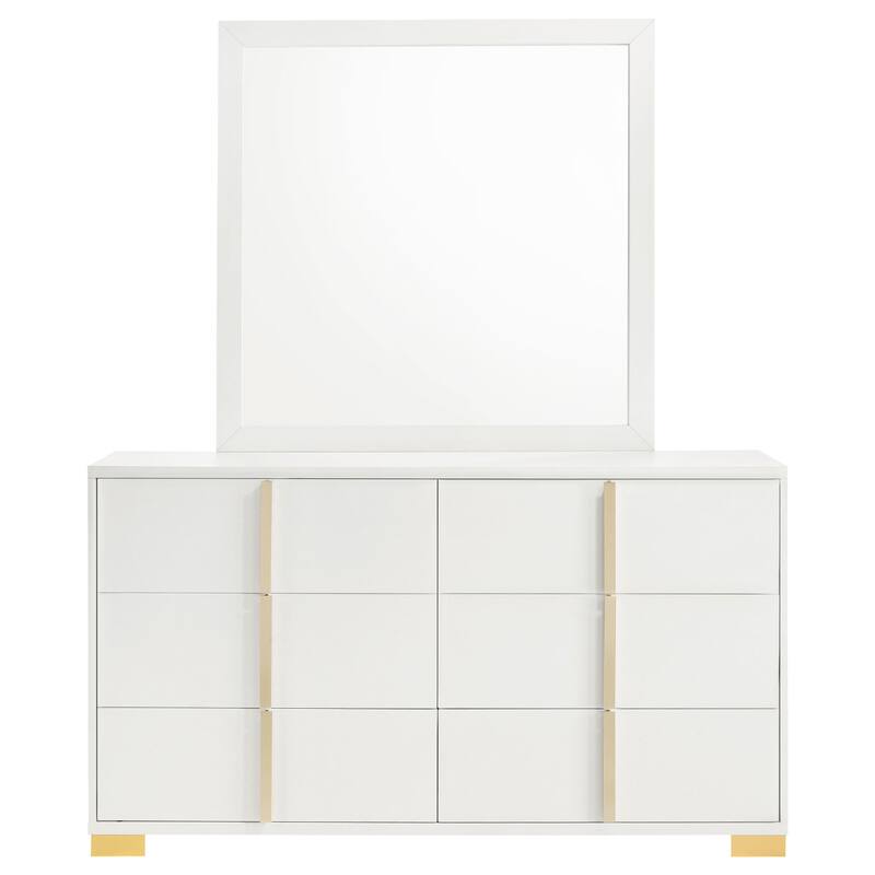 Dex Wide 6 Drawer Dresser with Mirror, Contemporary Gold Metal, White