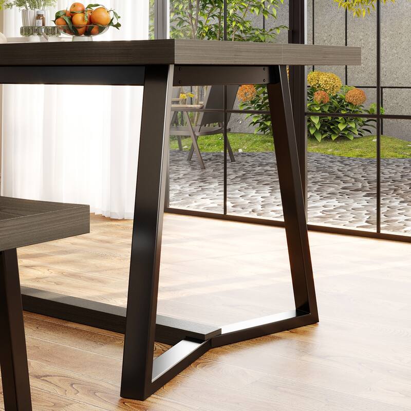 Rustic Elm Wood Dining Table Set with Black Bench – Modern Farmhouse Kitchen Table