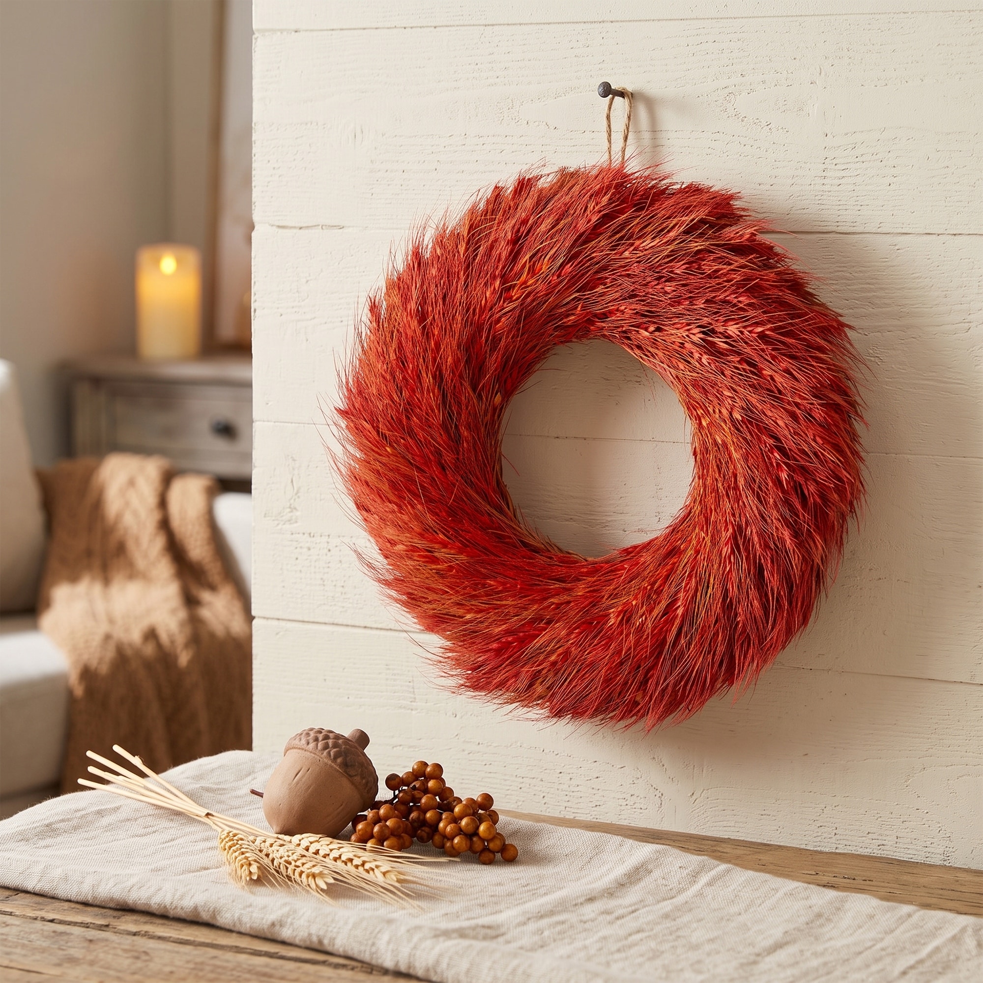 Wheat Stalks and Ears Small Artificial Fall Harvest Wreath 12" Orange