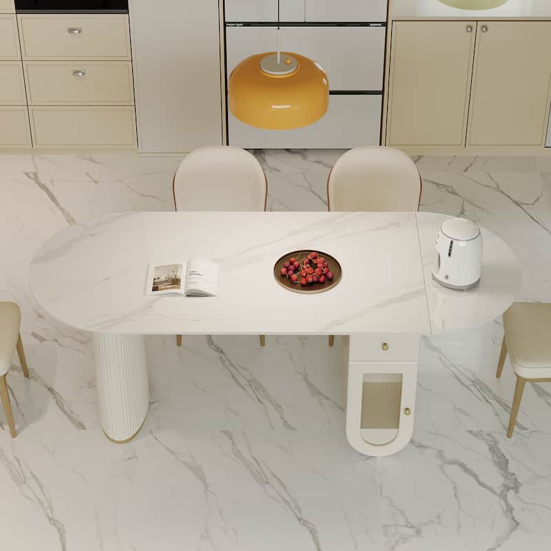 Modern Oval Sintered Stone Dining Table with Storage Cabinet - White