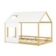 preview thumbnail 4 of 7, White+Natural Whimsical Pine Wood Twin House Bed with Roof and Window