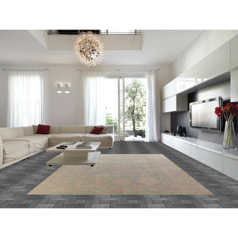 Hand Knotted Oriental 100% Wool Carpet Transitional All-Over Navy Blue & Blues Oushak Area Rug - 13' 7'' X 9' 10''