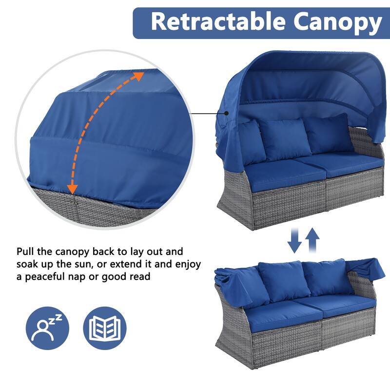 6-Pieces Outdoor Patio Rattan Round Daybed Sunbed Set with Retractable Canopy and Lift Table
