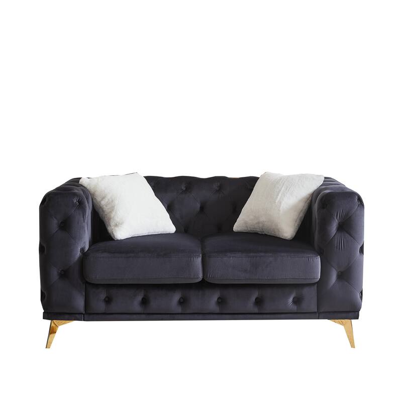 Velvet Chesterfield Loveseat Sofa, Tufted Button Upholstered 2 Seater Sofa, Lounge Sofa Chair with 2 Pillows & Metal Legs