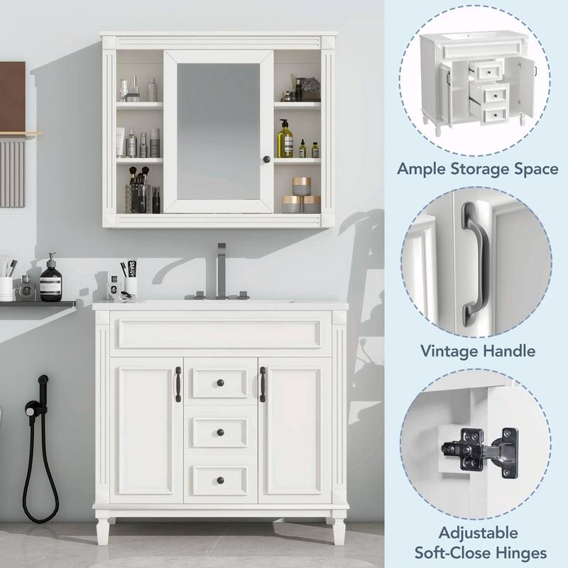 36'' Modern White Bathroom Vanity with Top Sink, Mirror Cabinet