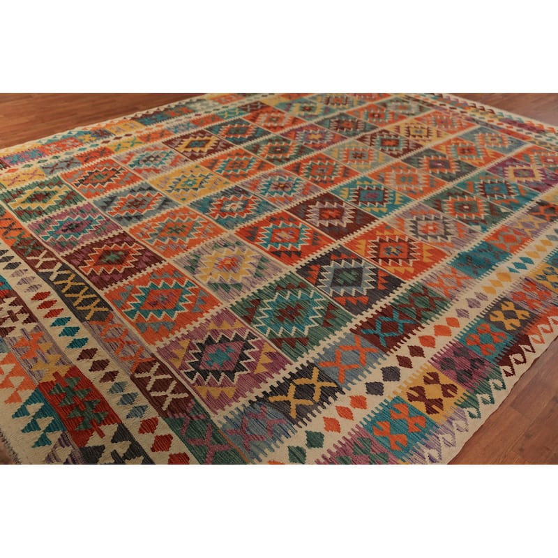 Geometric Kilim Oriental Rug Flatweave Wool Carpet - 9'7"x 12'10"