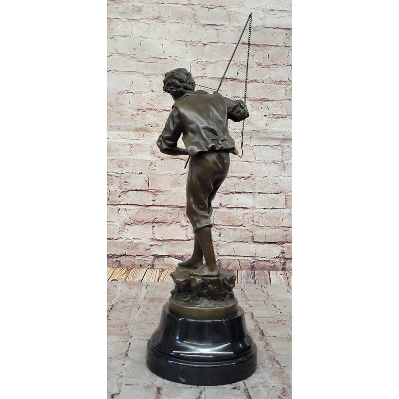 Bronze Sculpture Of A Boy Fishing By Rancoulet - Handmade Statue On Marble Base