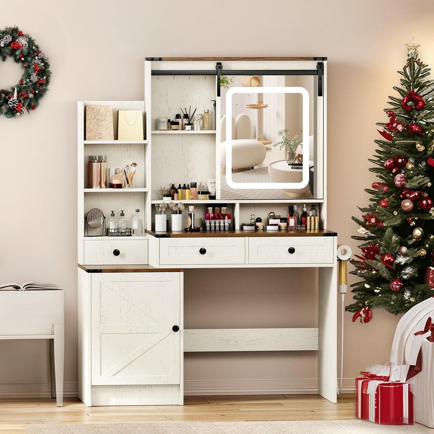 Rustic Vanity Desk with Sliding Mirror, LED Lights, Charging Station, Drawers, and Adjustable Shelves, 42'' Brown