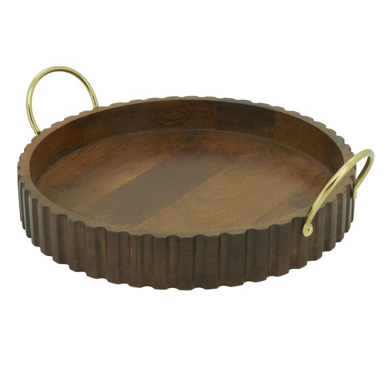 Scalloped Mango Wood Serving Tray with Brass Handles - Decorative Round Tray for Coffee Table, Bar & Entertaining - 16"x14"x4"