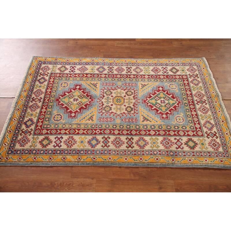 Geometric Kazak Oriental Accent Rug Hand-Knotted Wool Carpet - 3'5"x 5'0"