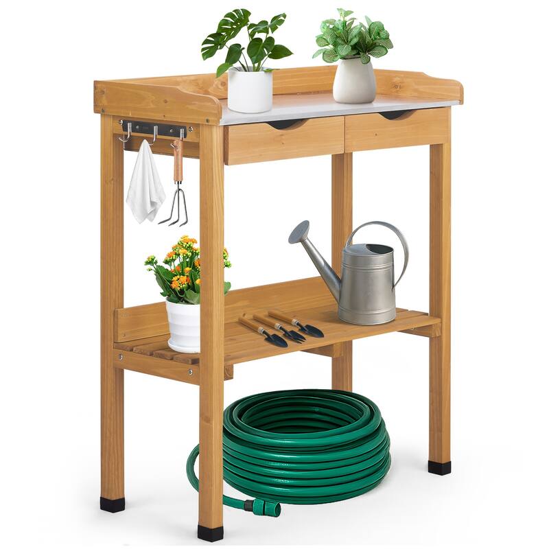Natural Wood Potting Bench with Metal Top and 2 Drawers Lower Shelf and Hooks for Gardening - 29.8” x 14.6” x 36.4”