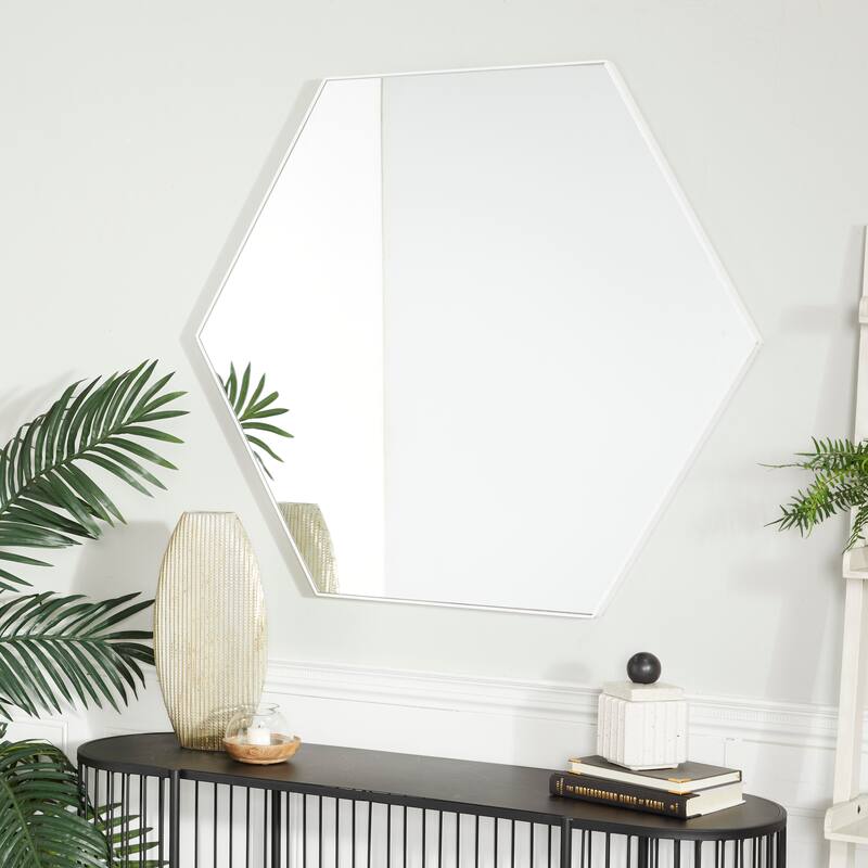 Contemporary Hexagon Wood Wall Mirror - Multiple Finishes and Sizes - 40"W, 35"H - White - Large