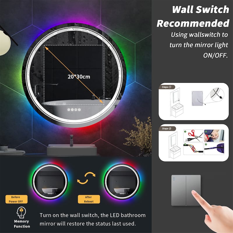 Firm RGB Backlit Led Mirror Bathroom Vanity 3 Dimmable Lights Anti-fog