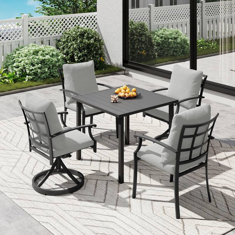 IvyGlow 5-Piece Black Metal Patio Dining Set with Square Table, 2 Swivel Dining Chairs and Gray Cushions