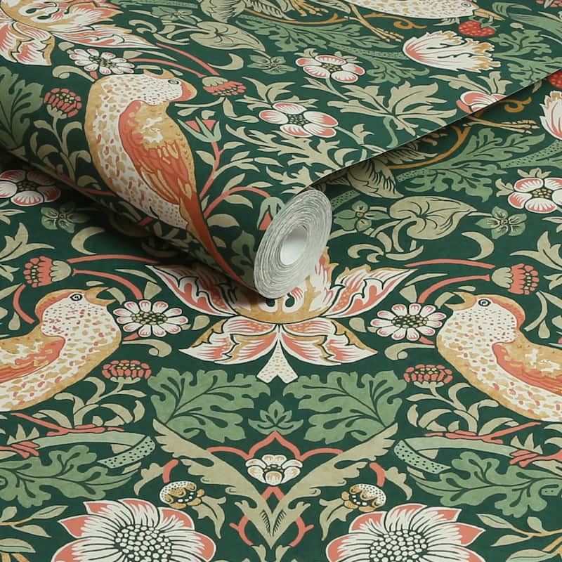 William Morris Strawberry Thief Rich Green Wallpaper