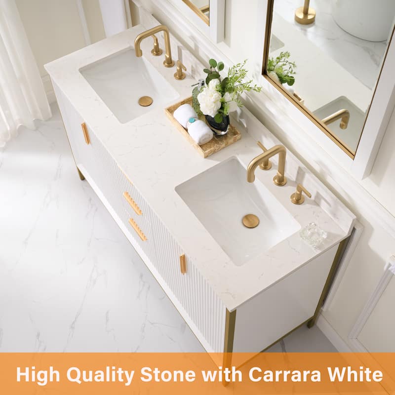 35''H Solid Wood Bathroom Vanity With Carrera White Quartz Top and Sink,White