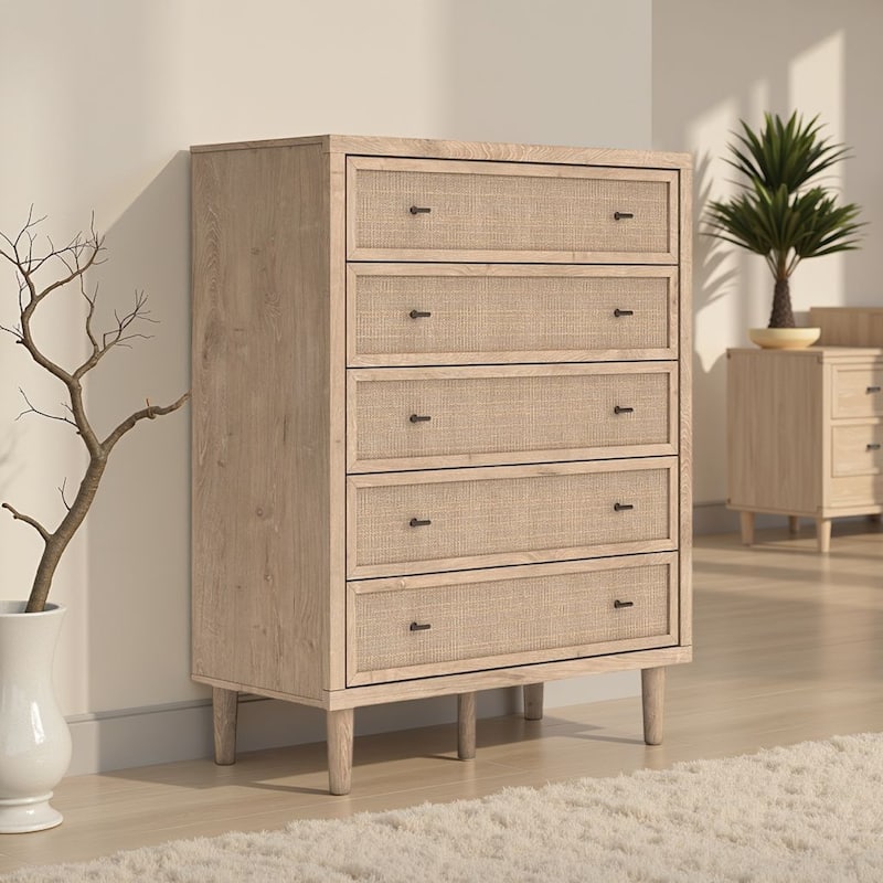 Ciel Tall Dresser Chest, 5 Drawers w Metal Handles, Brown and Bronze