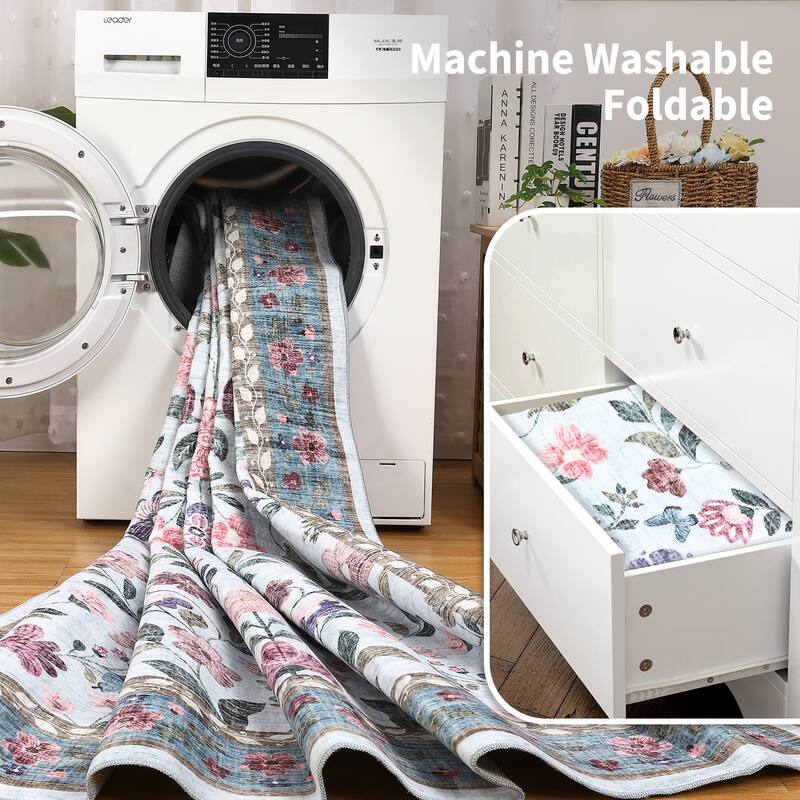 Garvee Farmhouse Distressed Floral Vine Area Rug