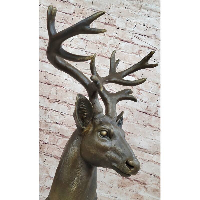 Stag Buck Deer Elk Head Bust Bronze Sculpture Statue On Marble Base