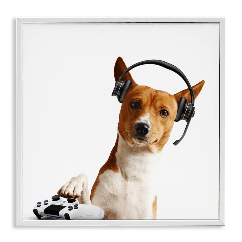 Stupell Gaming Dog with Headset Framed Giclee Art Design By CAD Designs - 17 x 17 - White