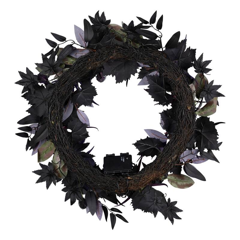 National Tree Company 24" Artificial Scare in the Air Halloween Wreath, 30 Purple LED Lights, Battery Operated - 2 ft