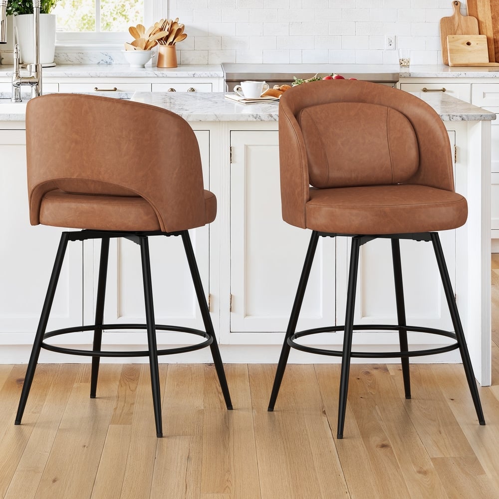 26 Inch Modern Upholstered Bar Stools, Swivel Metal Bar Stools Set Of 2/3/4, Bar Stools For Kitchen Island