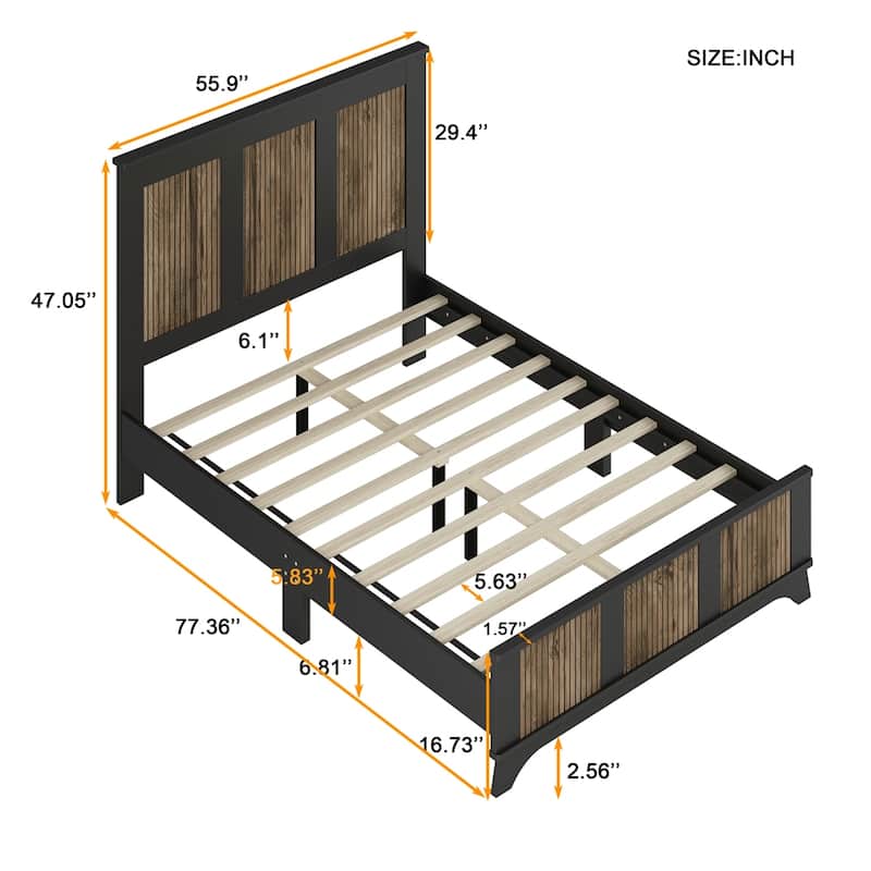 Farmhouse Wooden Platform Full Size Bed,with Wooden Strip Decoration - Black