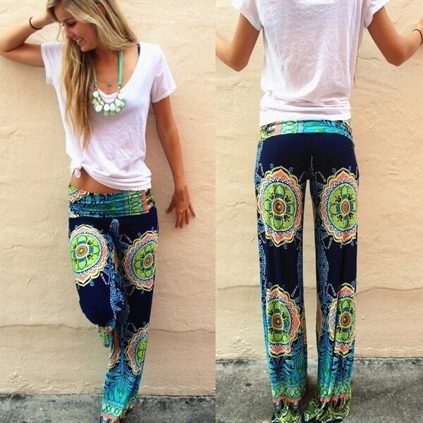 Women's Fashion Soft Floral Printed Pants Loose Elastic High Waist Wide Leg Long Casual Pants Trousers D275. Opens flyout.