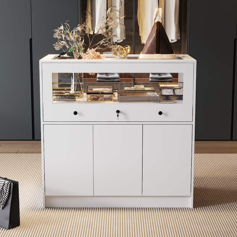 Display Cabinet with Tempered Glass Top and Lockable Storage Closet - 39.4"