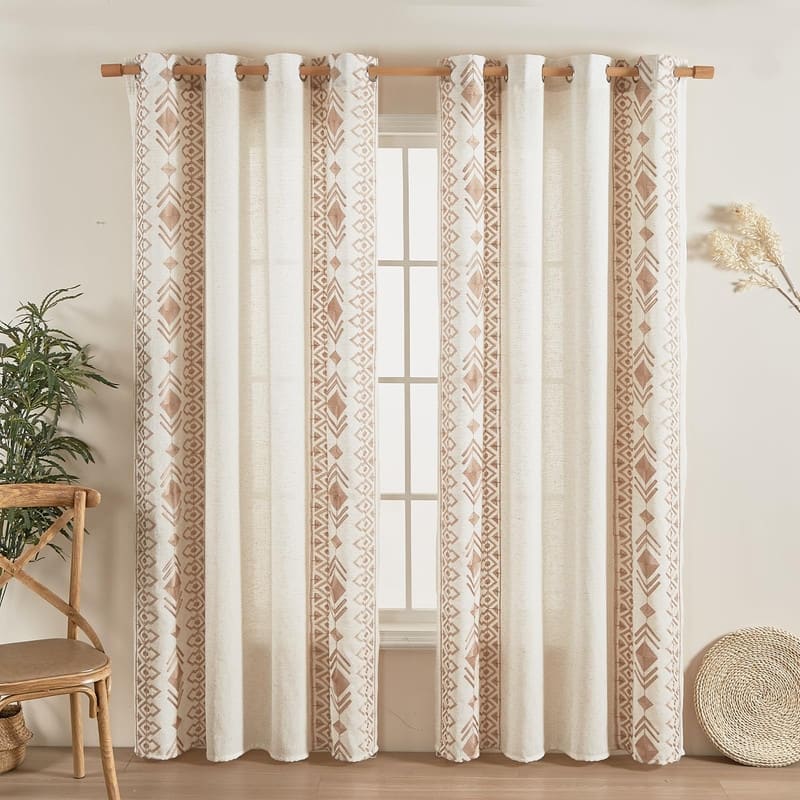 Vintage Farmhouse Curtains Boho Embroidered, 2 Panels