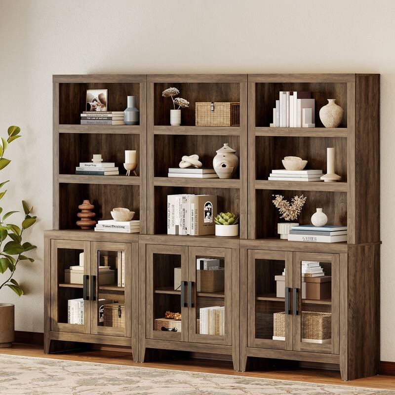 WAMPAT 3 Tier Bookshelf with Glass Door, 74" Tall Bookcase with Adjustable Shelf and Storage Cabinet, Farmhouse Wooden Bookshelf - 93-inch width - Brown