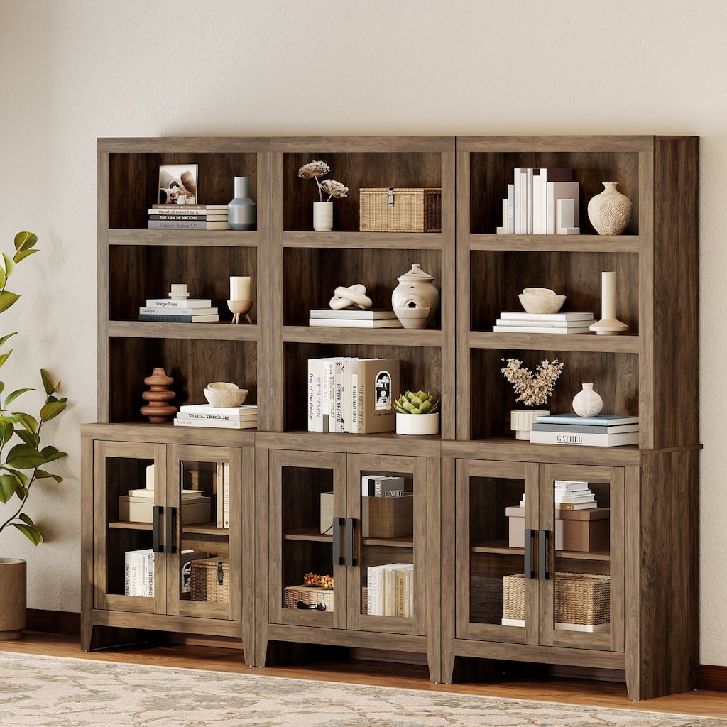 WAMPAT 3 Tier Bookshelf with Glass Door, 74" Tall Bookcase with Adjustable Shelf and Storage Cabinet, Farmhouse Wooden Bookshelf