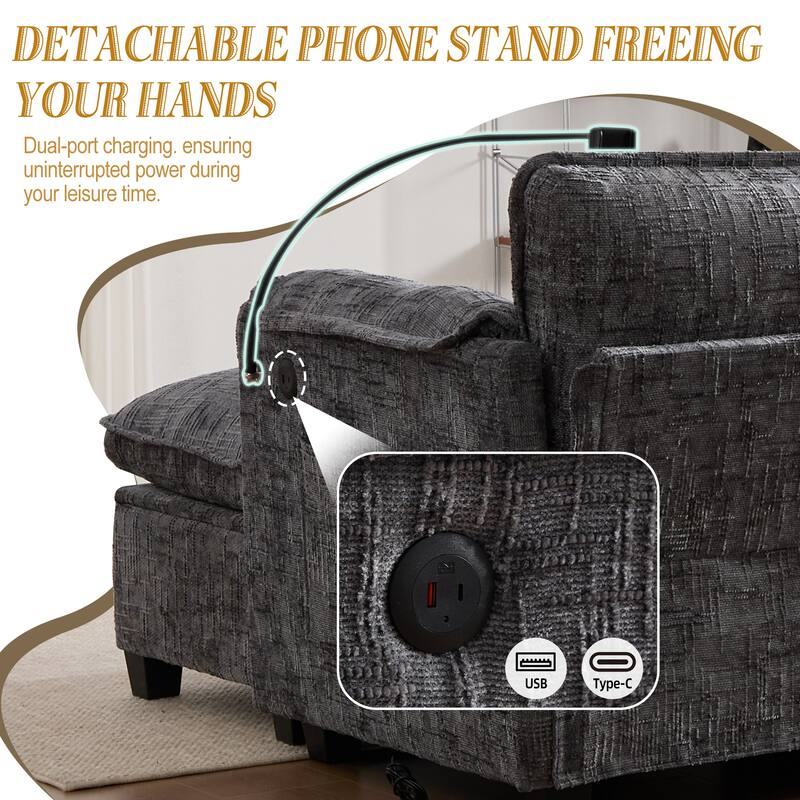 Modern Chenille Chaise Couch L-shaped Sectional Sofa with Storage Ottoman, Phone Holder, USB/Type-C Ports and Side Pockets