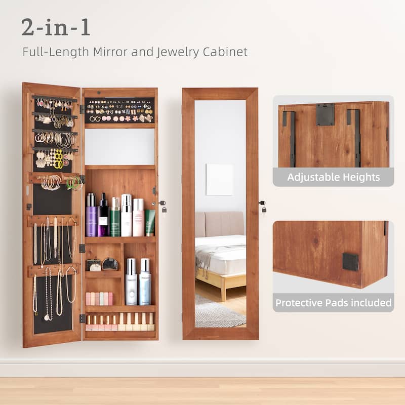 Wall-Mounted Solid Wood Jewelry Cabinet with Full-Length Mirror, 47.5x14.3 Inch, Lockable Organizer with LED Lighting‌.