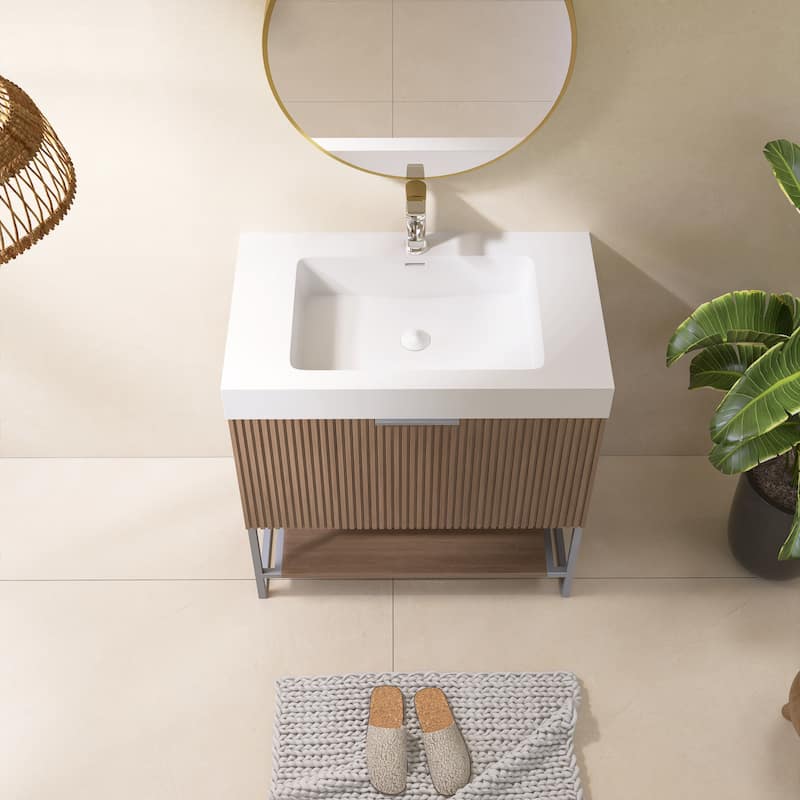 Freestanding Bathroom Vanity in Brown Oak with White Integrated Solid Surface Sink