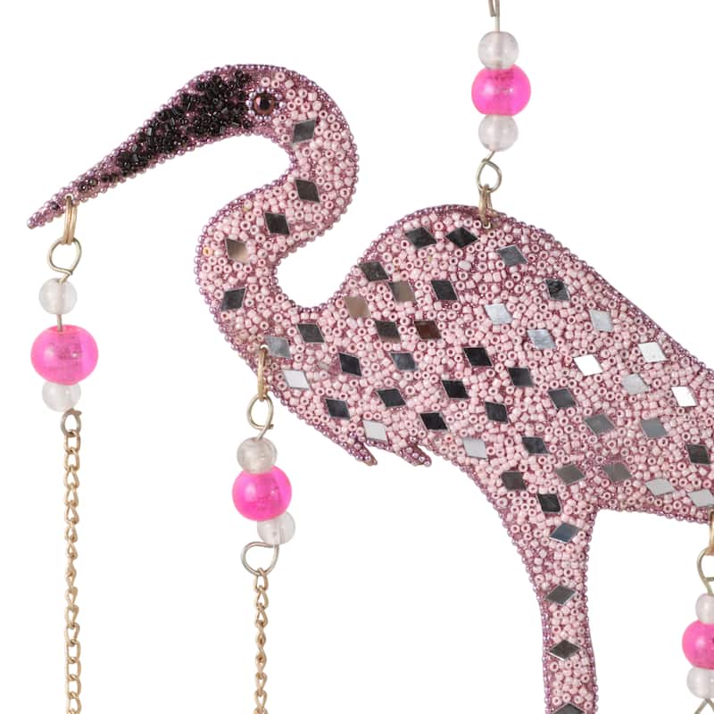 Metal Beaded Mosaic Glass Flamingo Chime with Gold Bells - 22" Pink - 10" x 1" x 22"