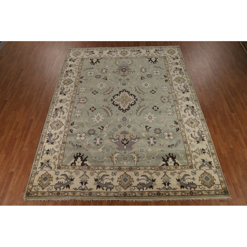 Green Floral Oushak Indian Area Rug Hand-Knotted Wool Carpet - 9'1"x 11'10"