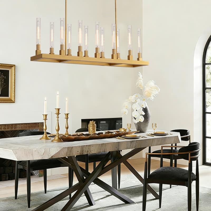 54'' Gold Farmhouse Rectangular Chandelier 12-Light Kitchen Island Lighting with Glass Tube Shades for Living Room & Foyer - N/A