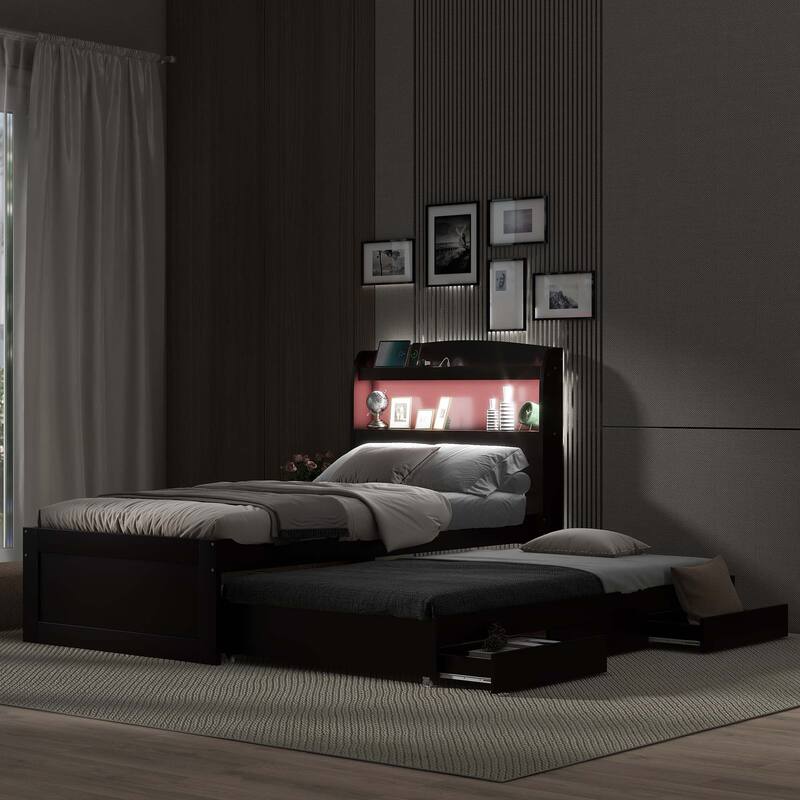 Twin XL Size Platform Bed with Storage LED Headboard, Charging Station