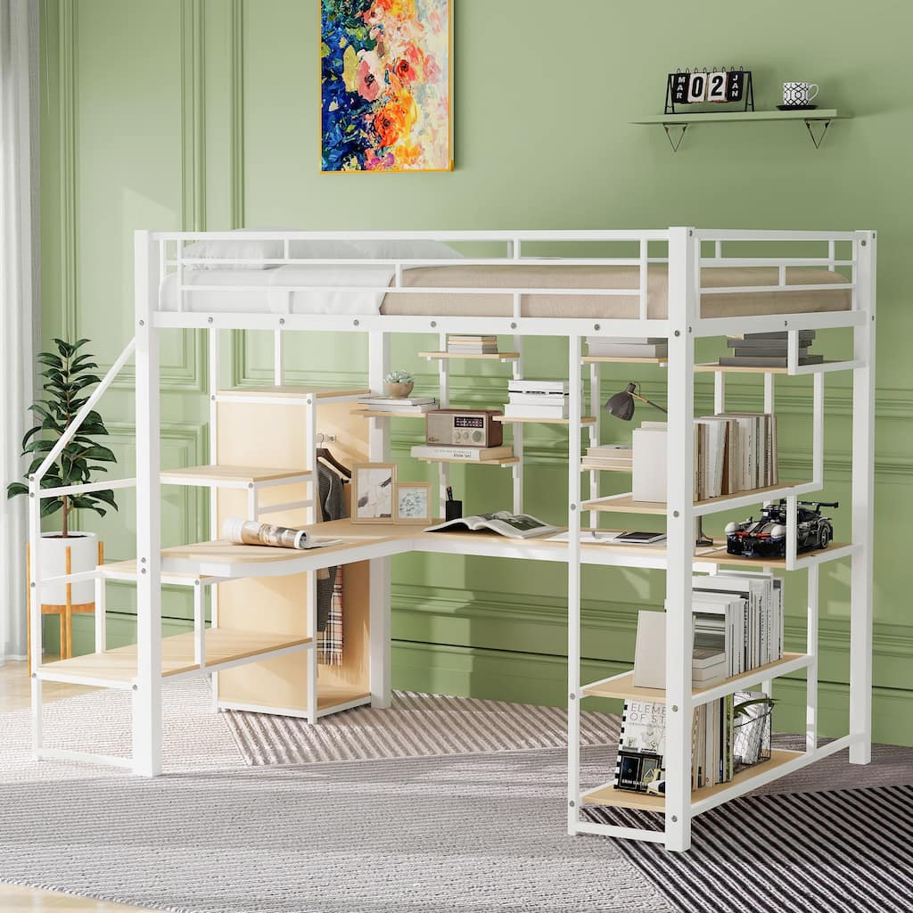 Full Size Metal Loft Bed with Storage Staircase, Built-in Desk, Wardrobe, and Shelves, White