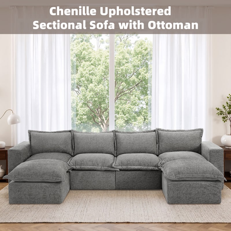 Chenille No Assembly Modular Sectional Sofa Cloud Couch with Ottoman