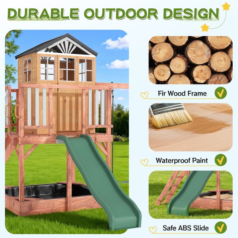 Kids Outdoor Wooden Swing Set with Elevated Playhouse, Wave Slide, Belt Swings and Sandbox - Natural Wood