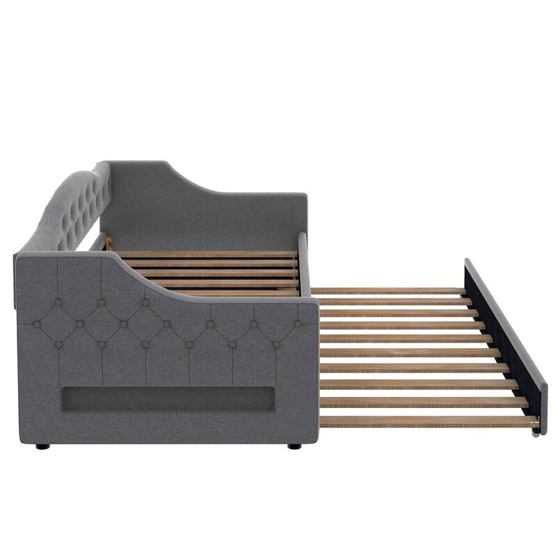 Twin XL Size Upholstered Daybed with Linen Cover Backrest & Trundle, Wood Sofa Bed Frame with LED lighting, No Box Spring Needed