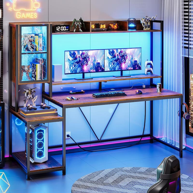 Gaming Desk LED Lights Hutch and Storage Shelves Glass Display Cabinet - 21.2"D x 60"W x 60.4"H - Brown