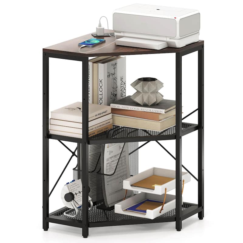 Costway Corner Printer Stand with Charging Station Adjustable Metal - See Details - Brown