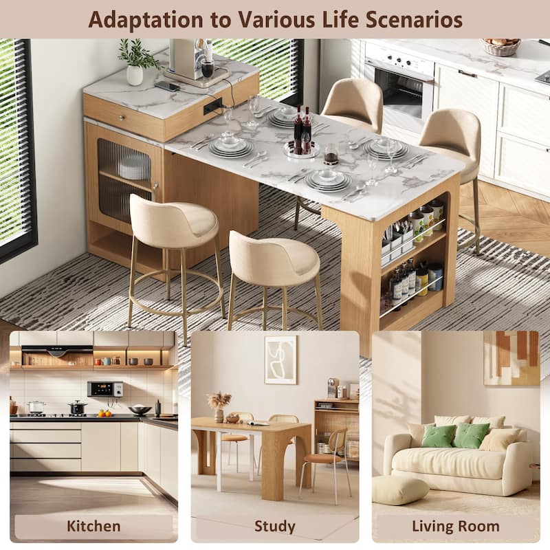 59.5" Kitchen Island with Extendable Dining Table, Kitchen Storage Table with Double-sided Storage, with 2 Drawers