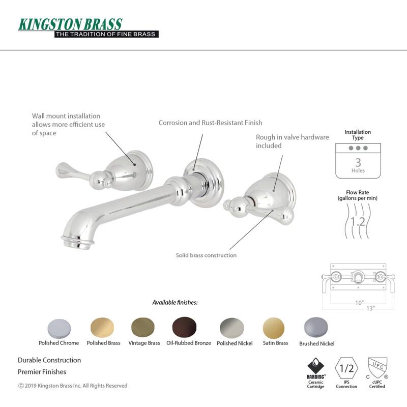 English Country Two-Handle Wall Mount Bathroom Faucet in Polished Brass