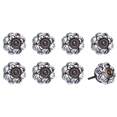 Set of 8 Hand-Painted Ceramic & Metal Knobs Black & White Floral Round Pulls - 1.5" x 1.5" x 1.5"