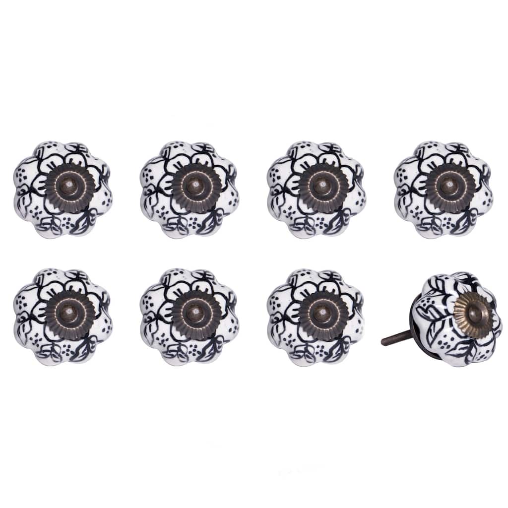 Set of 8 Hand-Painted Ceramic & Metal Knobs Black & White Floral Round Pulls - 1.5" x 1.5" x 1.5"